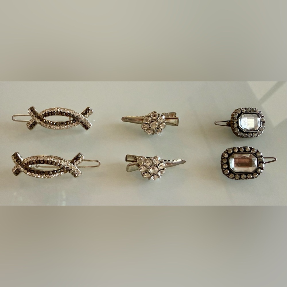 Anthropologie Silver Crystal Sparkling Hair Barrettes Set of 6 - New W/o Tags